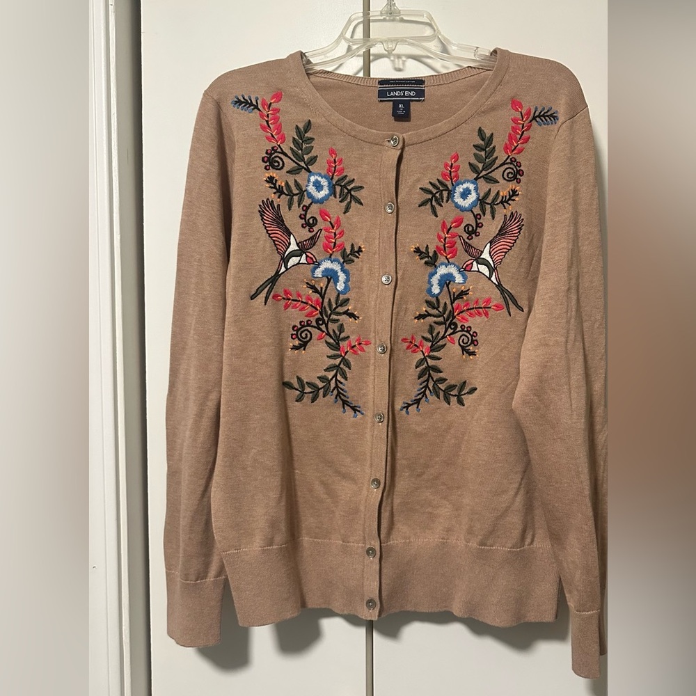 Lands' End Women's Cardigan with Embroidered Hummingbird Floral Design - Picture 2 of 7